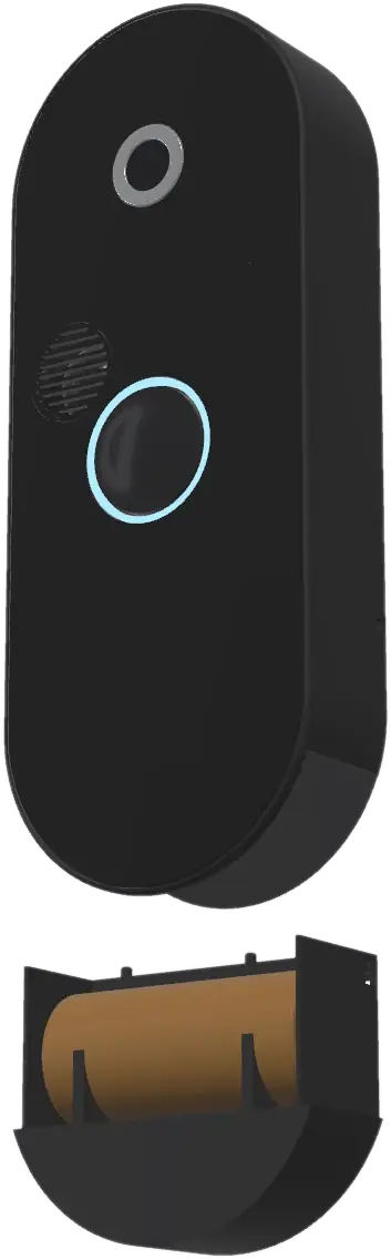 DoorCam with its battery sled slid out from the base, showing the cylindrical LiFePO4 cell